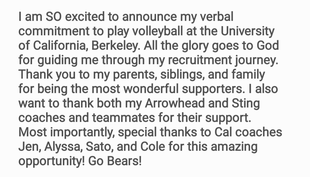 Siena MacCudden (@siena_maccudden) on Twitter photo I am so excited to announce my verbal commitment to play volleyball at the University of California, Berkeley. Special thanks to Cal coaches: Jen, Alyssa, Sato, and Cole! Go Bears! 💙💛💙 <a href="/CalVolleyball/">Cal Volleyball</a> <a href="/JenMalcomCalVB/">Jen Malcom</a> <a href="/alyssaandreno/">Alyssa Andreno</a> <a href="/ColeMurrayVB/">Cole Murray</a> @asato_27 <a href="/stingvb1988/">Milwaukee Sting 🏐</a> I am so excited to announce my verbal commitment to play volleyball at the University of California, Berkeley. Special thanks to Cal coaches: Jen, Alyssa, Sato, and Cole! Go Bears! 💙💛💙 <a href="/CalVolleyball/">Cal Volleyball</a> <a href="/JenMalcomCalVB/">Jen Malcom</a> <a href="/alyssaandreno/">Alyssa Andreno</a> <a href="/ColeMurrayVB/">Cole Murray</a> @asato_27 <a href="/stingvb1988/">Milwaukee Sting 🏐</a>