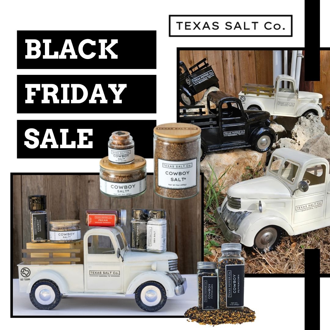 Unwrap the bold flavors of Texas this Black Friday with our Cowboy Bread Dip and Cowboy Salt Gift Sets! Smoked over pecan wood, they’re sure to lasso compliments at any gathering. Grab yours while supplies last! #TexasSaltCo #BlackFridayDeals #SmokedSalt #GourmetSalt