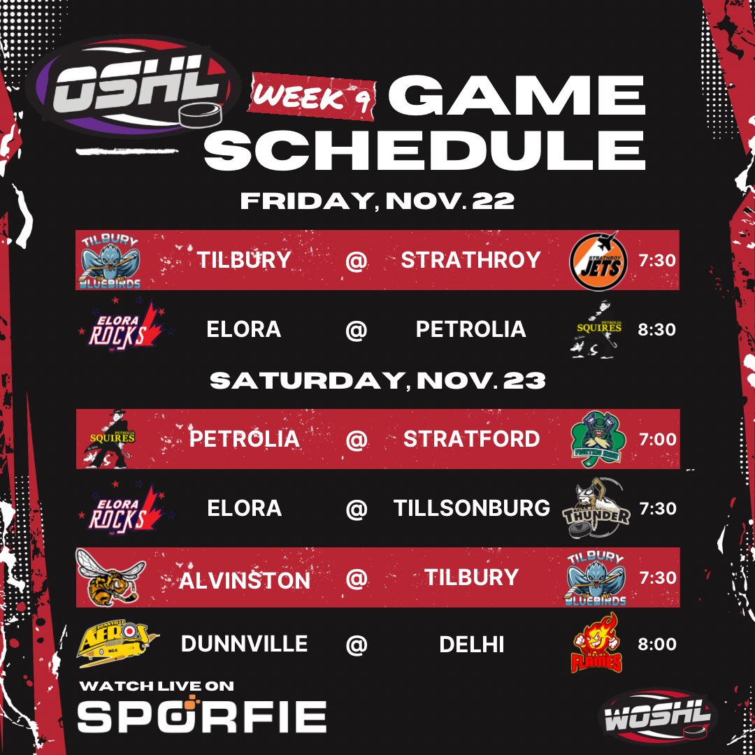 OSHL_official's tweet image. WEEK 9 SCHEDULE

9 games on tap this weekend! Will you be heading to your local barn to catch OSHL hockey live?

If not, you can find all the action on @SporfieMoments … just search OSHL Live!

#OSHL #SuperLeague #WOSHL #COSHL #RegularSeason #Week9