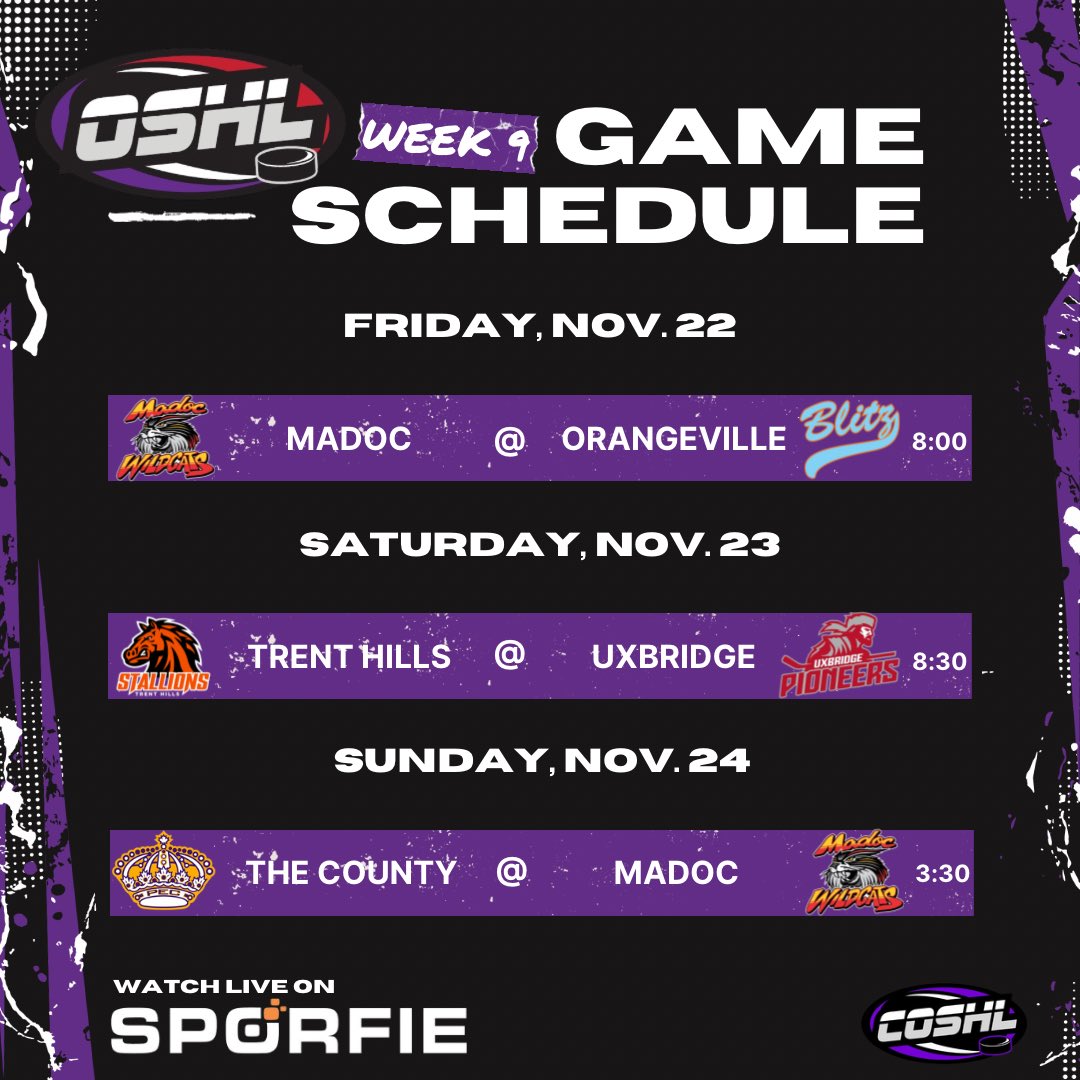 OSHL_official's tweet image. WEEK 9 SCHEDULE

9 games on tap this weekend! Will you be heading to your local barn to catch OSHL hockey live?

If not, you can find all the action on @SporfieMoments … just search OSHL Live!

#OSHL #SuperLeague #WOSHL #COSHL #RegularSeason #Week9