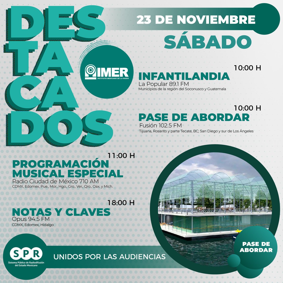 SPRMexico's tweet photo. Prepárate para un asombroso viaje por las granjas flotantes de #TheArk en #Rusia y #FloatingFarm en #PaísesBajos. 🤩
¡Todo eso y más, en #PaseDeAbordar! ✈️
🗓️23 de noviembre⏰10:00h en @fusionimer, una emisora del @imerhoy por el 📻 #1025FM
#UnidosPorLasAudiencia https://t.co/giDO4uSFKJ