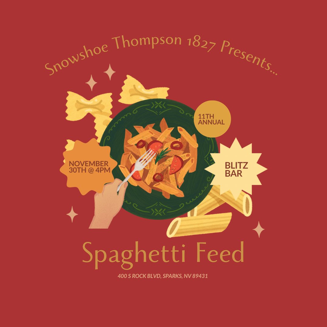 SolaceTree's tweet photo. Join us at Blitz Bar on November 30th at 4pm for delicious food! Snowshoe Thompson 1827 will be cooking their world-famous spaghetti sauce. $15 per plate. There will be raffle and auction prizes, with all proceeds being donated to The Solace Tree. We hope to see you there! https://t.co/hTOOCi3Mk6