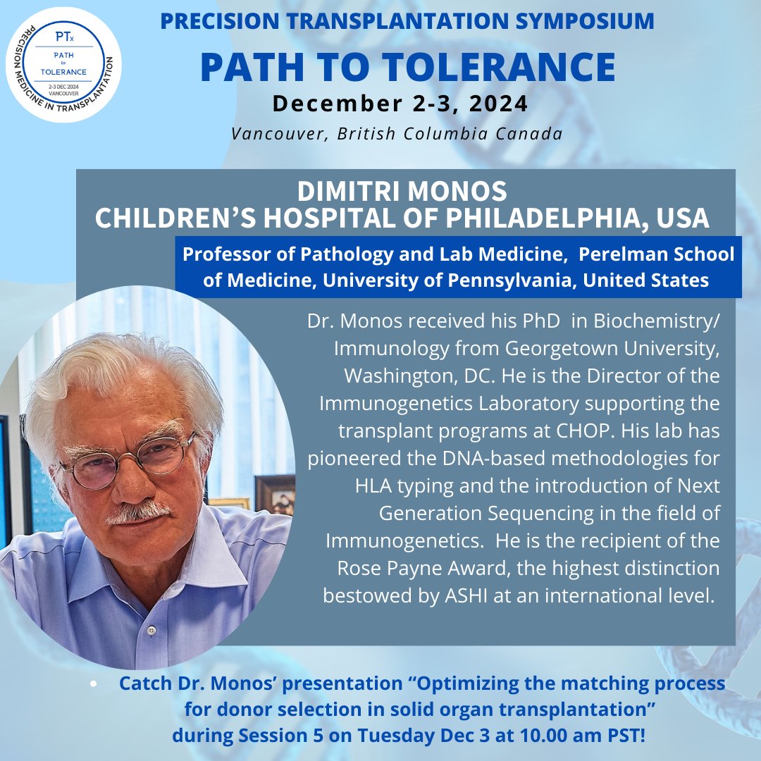 Meet the session 5 speakers Ahmed Mostafa, Klemens Budde and Dimitri Monos.  Session 5 focuses on the activities 1 &amp; 2 of the newly launched Canadian Molecular Matching Programme.  
#pathtotolerance #epitopematching #precisiontransplantation #precisionmedicinefortransplantation