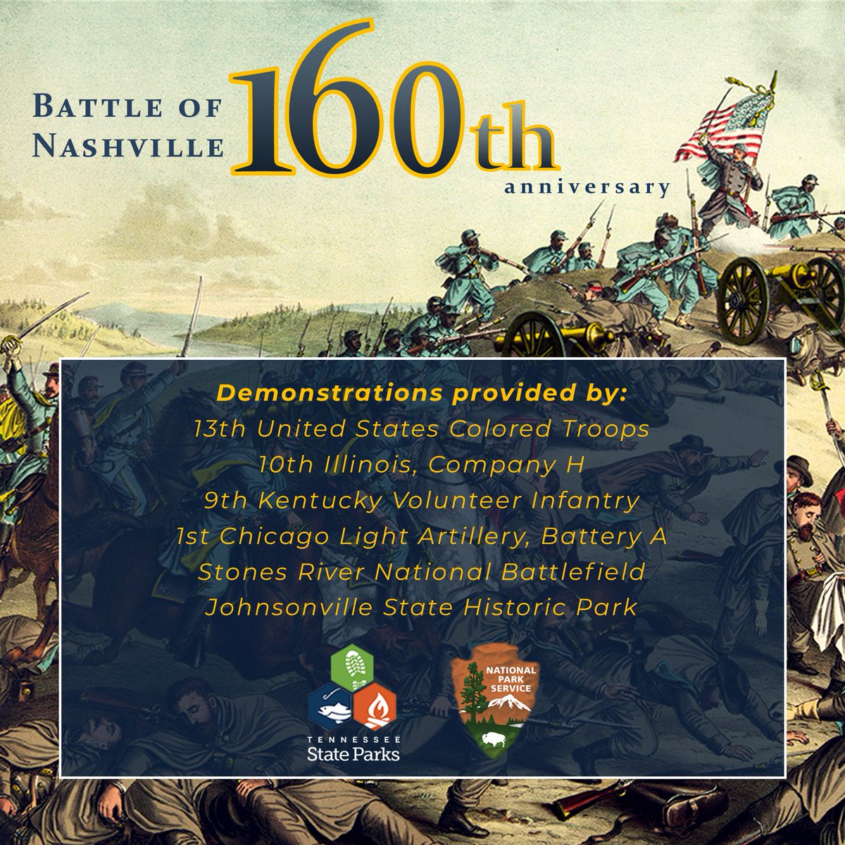 Fort Negley Park, a UNESCO Site of Memory (@fortnegley) on Twitter photo This year marks the 160th anniversary of the Battle of Nashville. Join us for living history this December 13, 14, & 15. Find more details on our events here: nashville.gov/departments/pa…
<a href="/CivilWarTrails/">Civil War Trails</a> This year marks the 160th anniversary of the Battle of Nashville. Join us for living history this December 13, 14, & 15. Find more details on our events here: nashville.gov/departments/pa…
<a href="/CivilWarTrails/">Civil War Trails</a>