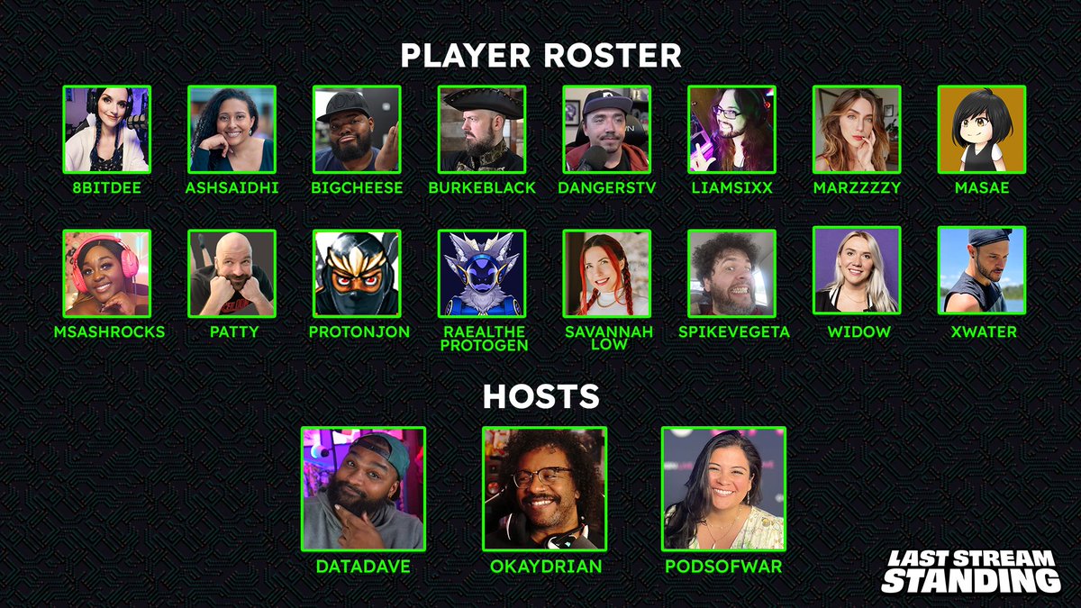 Last Stream Standing, a new social strategy show on Twitch begins next Saturday!

Check out our player and host roster, now fully up to date with a couple of new friends.