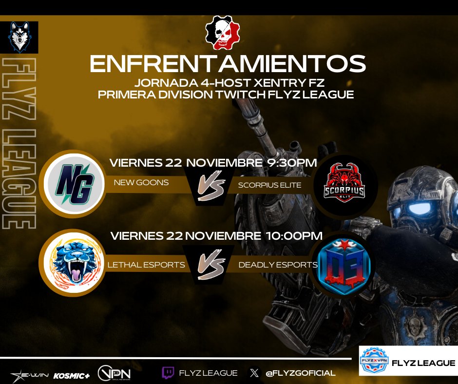Flyz Esports Oficial🐺🇲🇽 (@flysgoficial) on Twitter photo Horarios de los enfrentamientos
División 1 ⭐
Control E
Nos vemos 8:00pm en Twitch
twitch.tv/flyzleague
Caster: <a href="/XenTryGG/">Papi Xentry 😎🐺🎙️</a>
<a href="/m00n_knights/">Moon Knights Gaming</a> #sucubos
<a href="/ManiacGG_/">Maniac Gaming</a> <a href="/EScuchitril/">Cuchitril</a>
<a href="/NostalgiaGnesis/">𝐍𝐨𝐬𝐭𝐚𝐥𝐠𝐢𝐚</a> <a href="/CracK1st/">ᄃ尺ムᄃズ 🦇</a>
<a href="/xvScorpiusxv/">Scorpius Elit</a> <a href="/eLethalEsports/">LETHAL ESPORTS🐆</a>
#deadlye
Sponsor
<a href="/VPN_MEXICO/">Virtual Pro Network México</a>
<a href="/Kosmicplus/">KOSMIC+</a> Horarios de los enfrentamientos
División 1 ⭐
Control E
Nos vemos 8:00pm en Twitch
twitch.tv/flyzleague
Caster: <a href="/XenTryGG/">Papi Xentry 😎🐺🎙️</a>
<a href="/m00n_knights/">Moon Knights Gaming</a> #sucubos
<a href="/ManiacGG_/">Maniac Gaming</a> <a href="/EScuchitril/">Cuchitril</a>
<a href="/NostalgiaGnesis/">𝐍𝐨𝐬𝐭𝐚𝐥𝐠𝐢𝐚</a> <a href="/CracK1st/">ᄃ尺ムᄃズ 🦇</a>
<a href="/xvScorpiusxv/">Scorpius Elit</a> <a href="/eLethalEsports/">LETHAL ESPORTS🐆</a>
#deadlye
Sponsor
<a href="/VPN_MEXICO/">Virtual Pro Network México</a>
<a href="/Kosmicplus/">KOSMIC+</a>