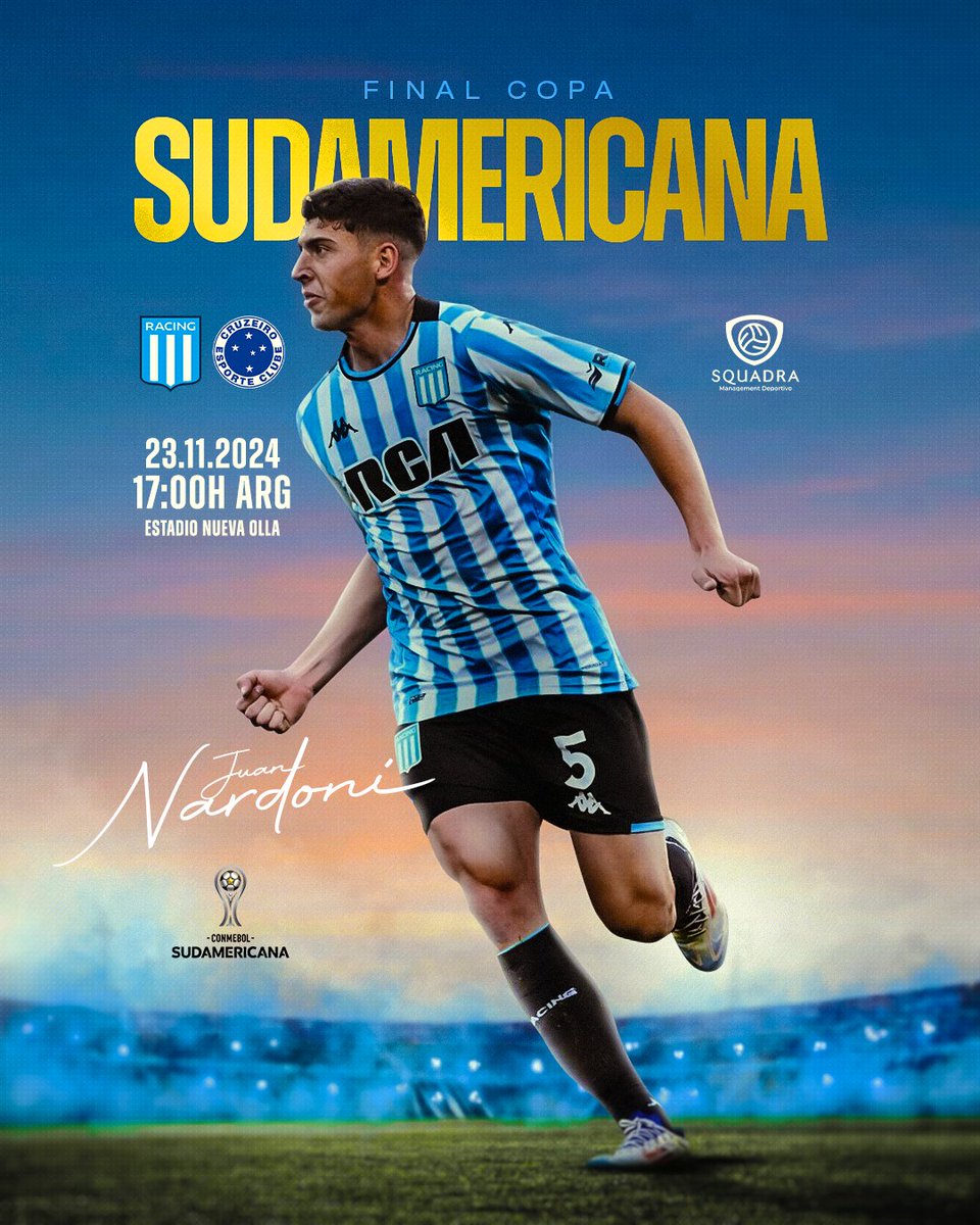 squadramd's tweet photo. 🔛 𝙇𝙇𝙀𝙂𝙊́ 𝙇𝘼 𝙃𝙊𝙍𝘼

🏆 Juan Nardoni jugará este sábado en 🇵🇾 la final de la Copa @Sudamericana, cuando @RacingClub enfrente a @Cruzeiro 🇧🇷.

¡Éxitos Juani! 🫵🏽

#PotenciarLaPasión https://t.co/EYsfg1irVR