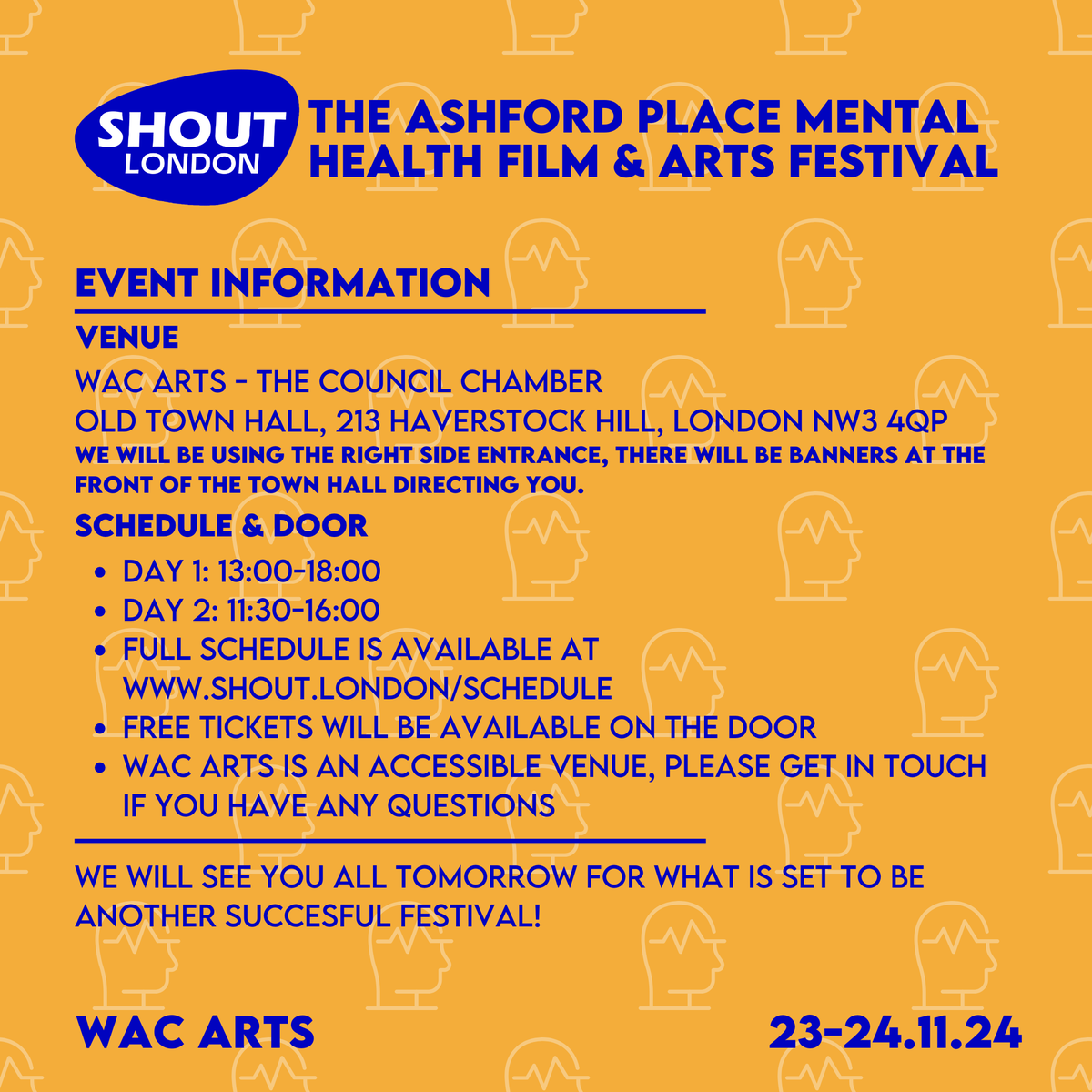 The Ashford Place Mental Health Film &amp; Arts Festival is here! 

Venue: <a href="/wacarts/">Wac Arts</a> - The Council Chamber
Old Town Hall, 213 Haverstock Hill, London NW3 4QP

Use the right-side entrance, banners will be at the front to guide you.

Schedule: shout.london/schedule

#SHOUTLondon2024