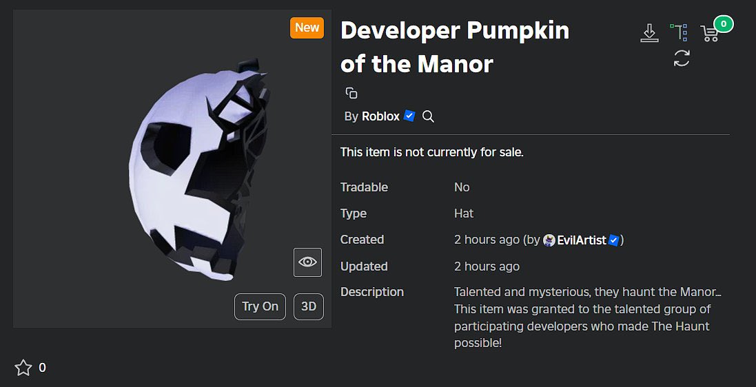 askba6t's tweet image. Developer Pumpkin of the Manor uploaded to the marketplace.
Congratulations to the developers who will receive the item.
Credit: @PixelJamJam
#Roblox #RobloxHaunt