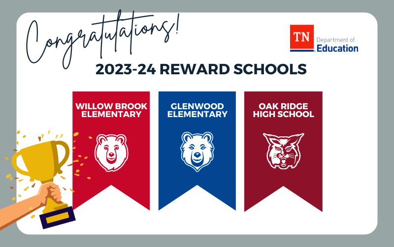 ORSchools's tweet photo. Congratulations to @GlenwoodCubs @ORHS_Wildcats  and @WBESbears on their Reward School designation! Kudos to the students, staff &amp; families for their hard work!! @FriendsofORS @TNedu 
#WeAreOakRidge #Accountability #EveryStudent https://t.co/DnZKh2eyFo