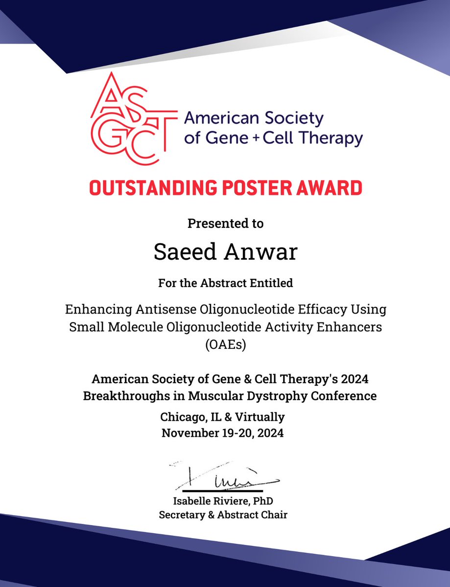 ToshifumiYokota's tweet photo. Thrilled to share the incredible achievement of our PhD student, Saeed, who has won the Outstanding Poster Award! 🏆His work on enhancing #AntisenseOligo  efficacy with small molecule activity enhancers is  groundbreaking. Congrats, Saeed!🎉@ASGCTherapy @WCHRIUofA @UAlberta_FoMD https://t.co/9U1Tu6ddYd