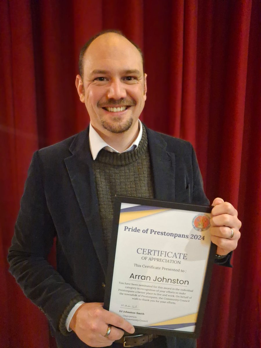 Great evening at the first ever Pride of Prestonpans Awards Night, brilliantly run by <a href="/PrestonpansCC/">Prestonpans Community Council</a> . Very pleased to be nominated for turning the Town Hall into a home for <a href="/Prestonpans1745/">Prestonpans 1745</a> . So many worthy folk, both on stage and in the audience. Well done to all the winners!