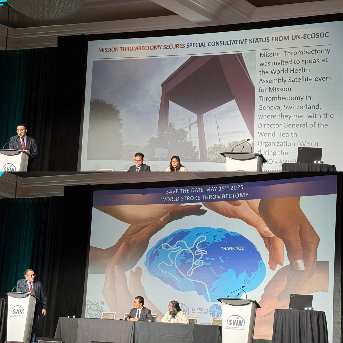 StrokeAHA_ASA's tweet image. Mission Thrombectomy with goals to improve global access…  Dr  Fawaz  Al-Mufti  shares  experience  of  meeting  with  WHO  Director  General  in  Geneva.  World  Stroke  Thrombectomy  Day  is  May  15,  2024.  #SVIN24