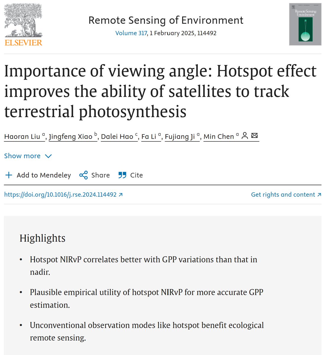 Haoran Liu (@hliu6666) on Twitter photo Thrilled to share our new paper, ‘Importance of Viewing Angle: Hotspot Effect Improves the Ability of Satellites to Track Terrestrial Photosynthesis,’ published in RSE🎉A huge thanks to collaborators for their efforts.<a href="/GlobalEcolUNH/">Jingfeng Xiao</a> <a href="/DaleiHao/">Dalei Hao</a> <a href="/Fa_Li_Fa_Li/">Fa</a> <a href="/Fujiang_Ji/">FUJIANG JI</a> <a href="/mmmmchen/">Min Chen</a> Thrilled to share our new paper, ‘Importance of Viewing Angle: Hotspot Effect Improves the Ability of Satellites to Track Terrestrial Photosynthesis,’ published in RSE🎉A huge thanks to collaborators for their efforts.<a href="/GlobalEcolUNH/">Jingfeng Xiao</a> <a href="/DaleiHao/">Dalei Hao</a> <a href="/Fa_Li_Fa_Li/">Fa</a> <a href="/Fujiang_Ji/">FUJIANG JI</a> <a href="/mmmmchen/">Min Chen</a>