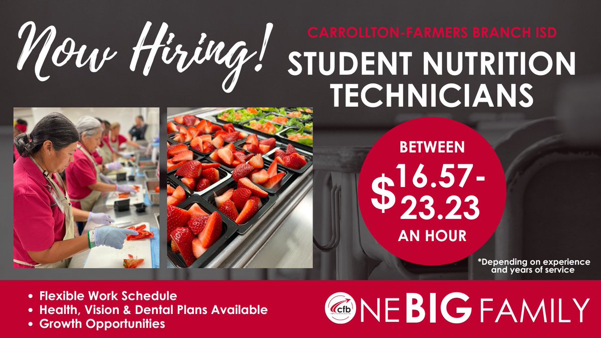 CFBISD is seeking qualified Student Nutrition Technicians who are motivated and inspired to impact the lives of students. 🥦🍔 Interested applicants must meet the following criteria and complete an application (see below): 

-Read, write and comprehend English instructions to