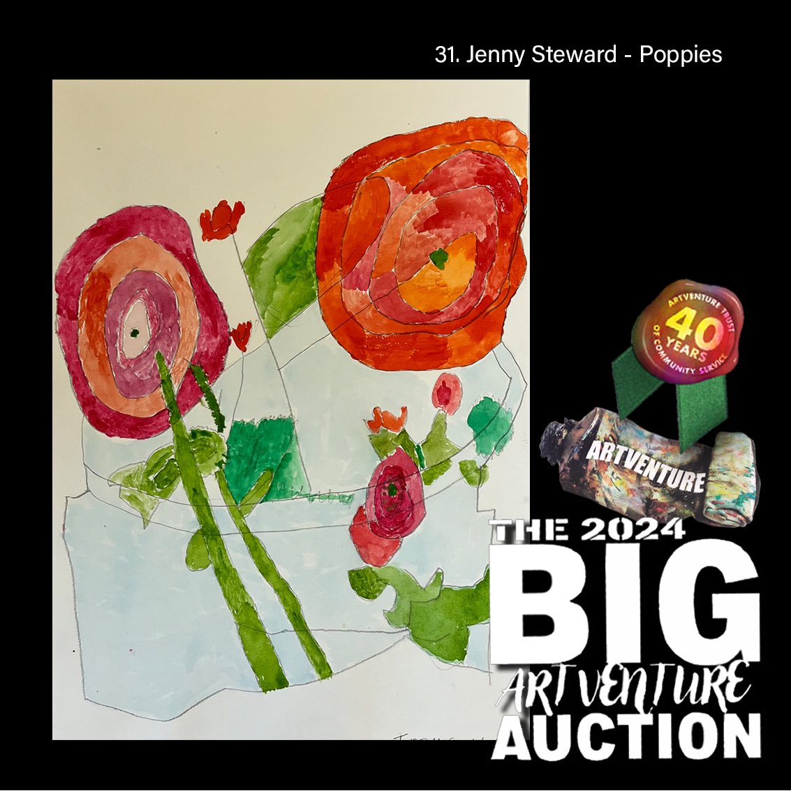 Jenny’s watercolour of poppies is such a precious piece of our collection. Please, visit our auction site, where you can bid for the pictures of our 40th Anniversary Collection: bit.ly/ArtventureAuct…
Thank you for supporting us! 
#poppies #Flowers