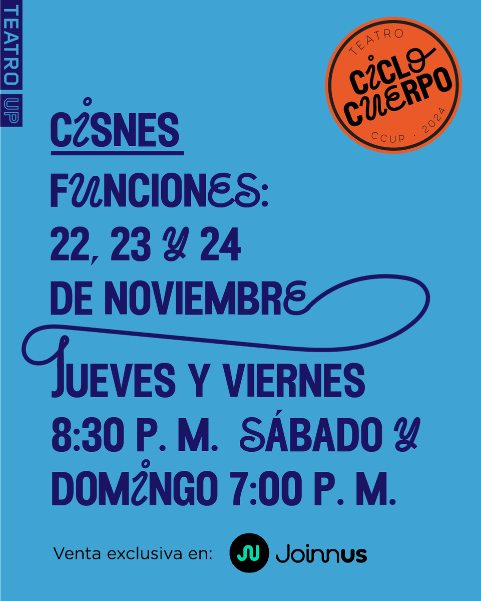 Cisnes
¡Sólo quedan 3 fechas!
Hasta el 24 de noviembre
Horarios: jueves y viernes 8:30 p. m. Sábado y domingo 7:00 p. m.
En el Teatro de la Universidad del Pacífico

🎟️📲 Compra tus entradas en <a href="/joinnus/">Joinnus</a>: sge.st/wOjnTZ9
Y en la boletería del teatro antes de cada función
