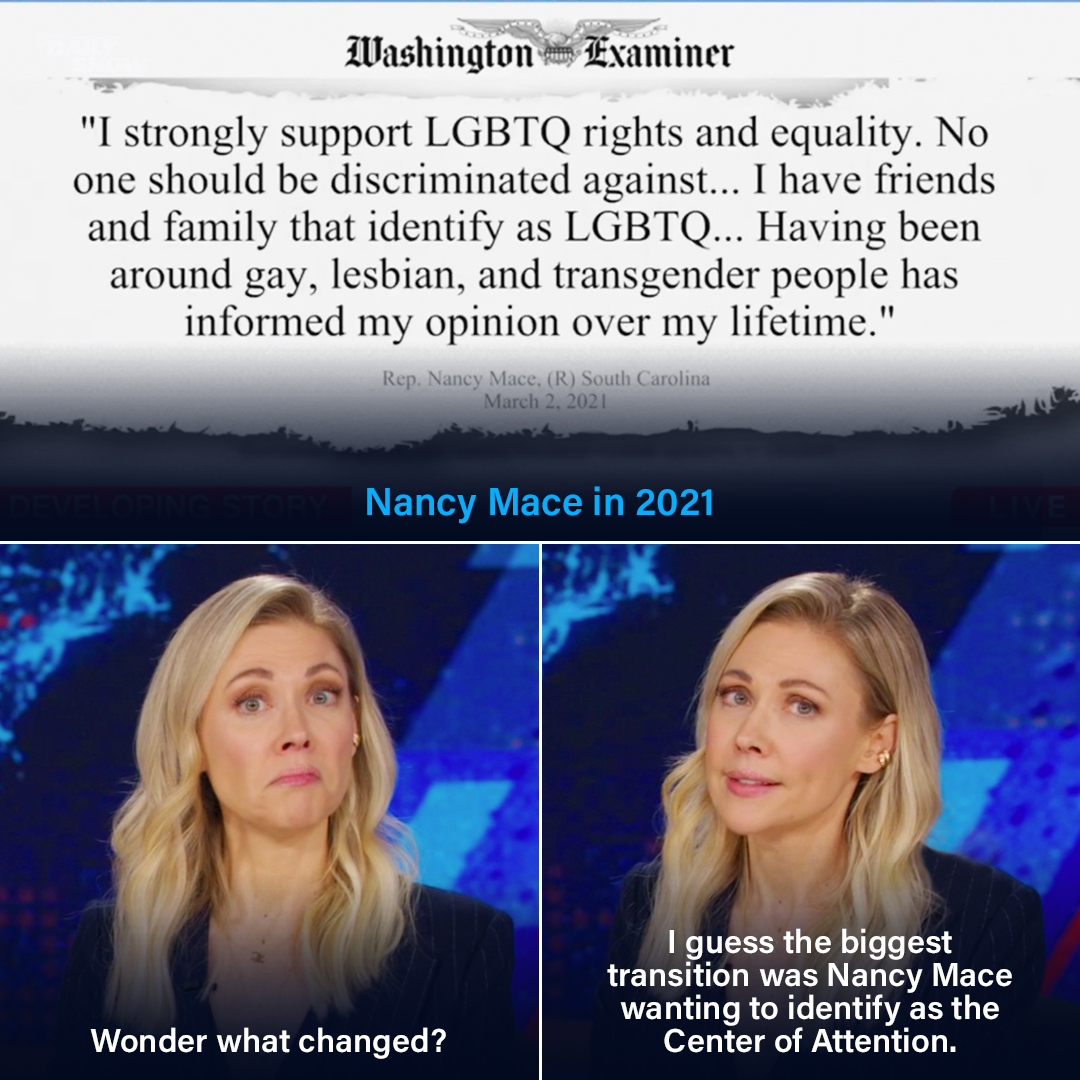 TheDailyShow's tweet photo. If anyone understands transitioning, it's Nancy Mace https://t.co/hPB4f3u9Jj
