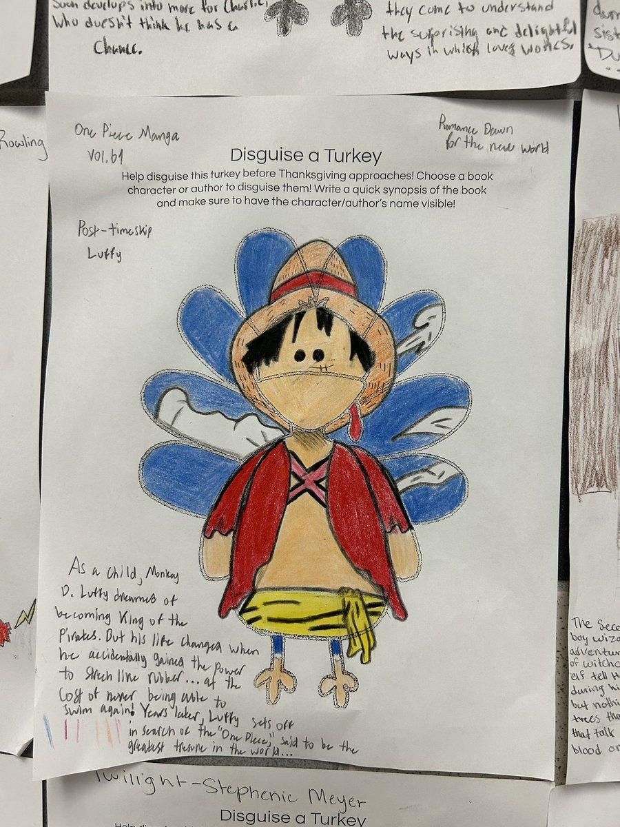 MissRobison10's tweet photo. Some characterization at work in the classroom. Students had to disguise a turkey as a book character using books they checked out from the Nimitz Library! A fun way for students to engage in their texts before fall break! https://t.co/Gl08KwxITN