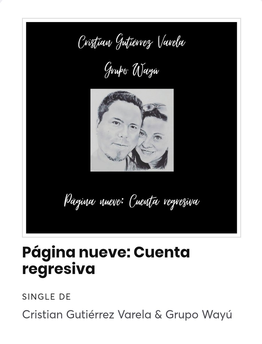 Hoy les comparto nuestro noveno sencillo del Álbum "Página en blanco" compuesto por Cristian Gutiérrez Varela e interpretado por nuestro Grupo Wayú... Disponible en todas las plataformas digitales... Disfruta y comparte!!!

open.spotify.com/album/0YLJlFkx…

m.youtube.com/watch?v=38dqb3…