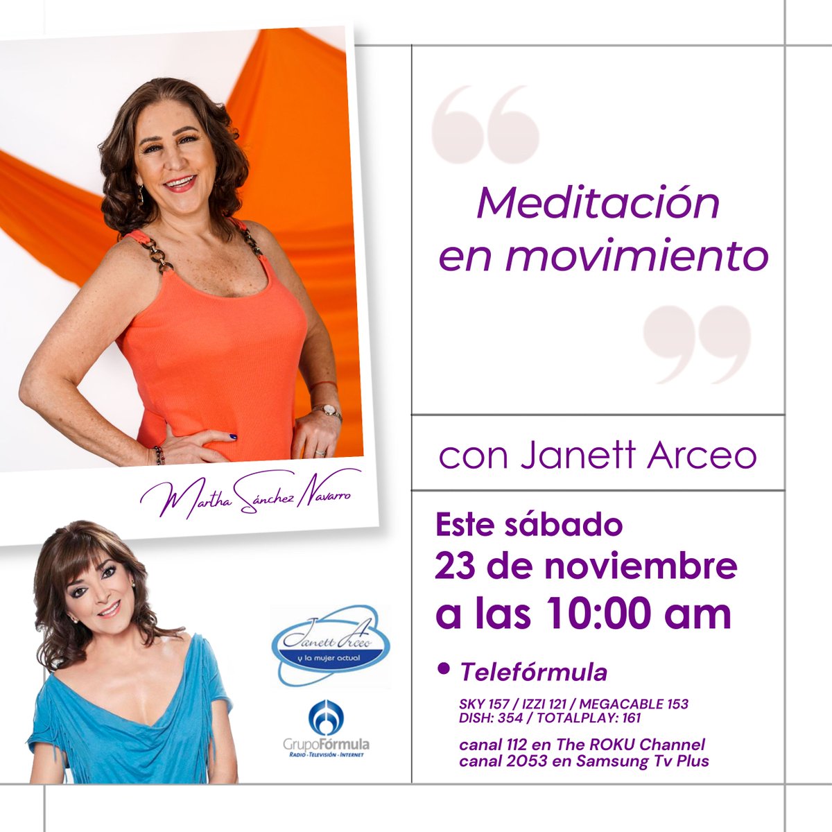 Martha Sánchez Navarro (@marthasn_) on Twitter photo Acompáñame el día de mañana a las 10 am junto a <a href="/janettarceo/">Janett Arceo</a> en <a href="/lamujeractual/">La Mujer Actual</a> por Telefórmula para conocer de que trata la Meditación en movimiento. Acompáñame el día de mañana a las 10 am junto a <a href="/janettarceo/">Janett Arceo</a> en <a href="/lamujeractual/">La Mujer Actual</a> por Telefórmula para conocer de que trata la Meditación en movimiento.