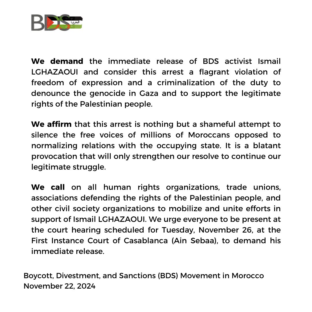 MarocBds's tweet photo. Freedom for Ismail LGHAZAOUI

No to the criminalization of solidarity with the Palestinian people
#Free_Ismail_Lghazaoui https://t.co/Tc5inPNd33