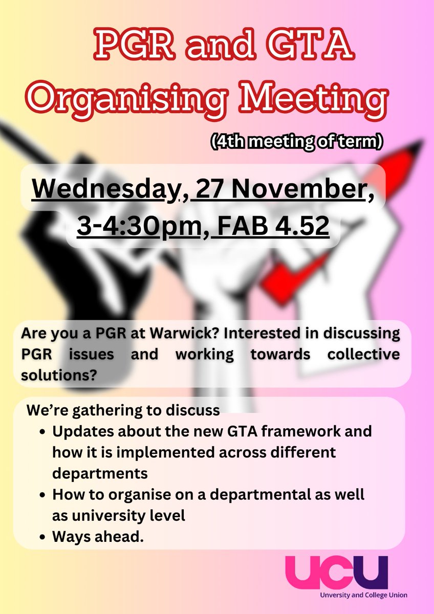Welcoming everyone to our 4th meeting of the term. Please share across your department groups. See you!! <a href="/WarwickUCU/">Warwick UCU</a>