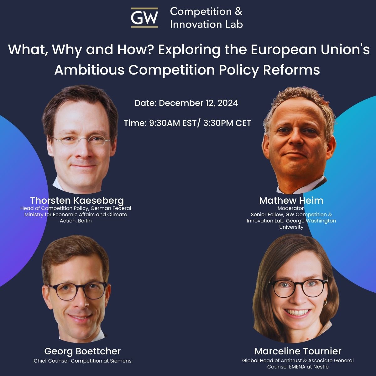 CILab0's tweet photo. WHAT, WHY AND HOW? EXPLORING THE EUROPEAN UNION'S AMBITIOUS COMPETITION POLICY REFORMS

Join us on December 12, 2024, at 9:30 AM EST / 3:30 PM CET for an in-depth discussion as the European Commission sets out to modernize EU competition law. This webinar will address the Commission’s mandate to tackle critical challenges like:

- Merger review and enforcement under antitrust rules.
- The impact of the Digital Markets Act and Foreign Subsidies Act.
- Geo-political threats and declining European productivity.

Our expert panel will discuss the mandate outlined by European Commission  and explore strategies for addressing Europe’s competition policy challenges at home and abroad.

Don’t miss this engaging session! Save your spot today by registering using this link: https://t.co/SjrYWJ8AtK

This webinar will also be streamed live on all our social media platforms!