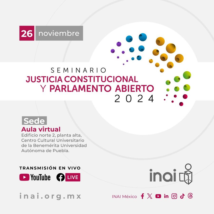 ⚖ Seminario Justicia Constitucional y Parlamento Abierto 2024
Acompaña el diálogo sobre los retos y perspectivas de esas materias en México.
📅 26 de noviembre
📍 Aula virtual – Centro Cultural Universitario <a href="/BUAPoficial/">BUAP</a>
📡 Transmisión en vivo por nuestras redes sociales