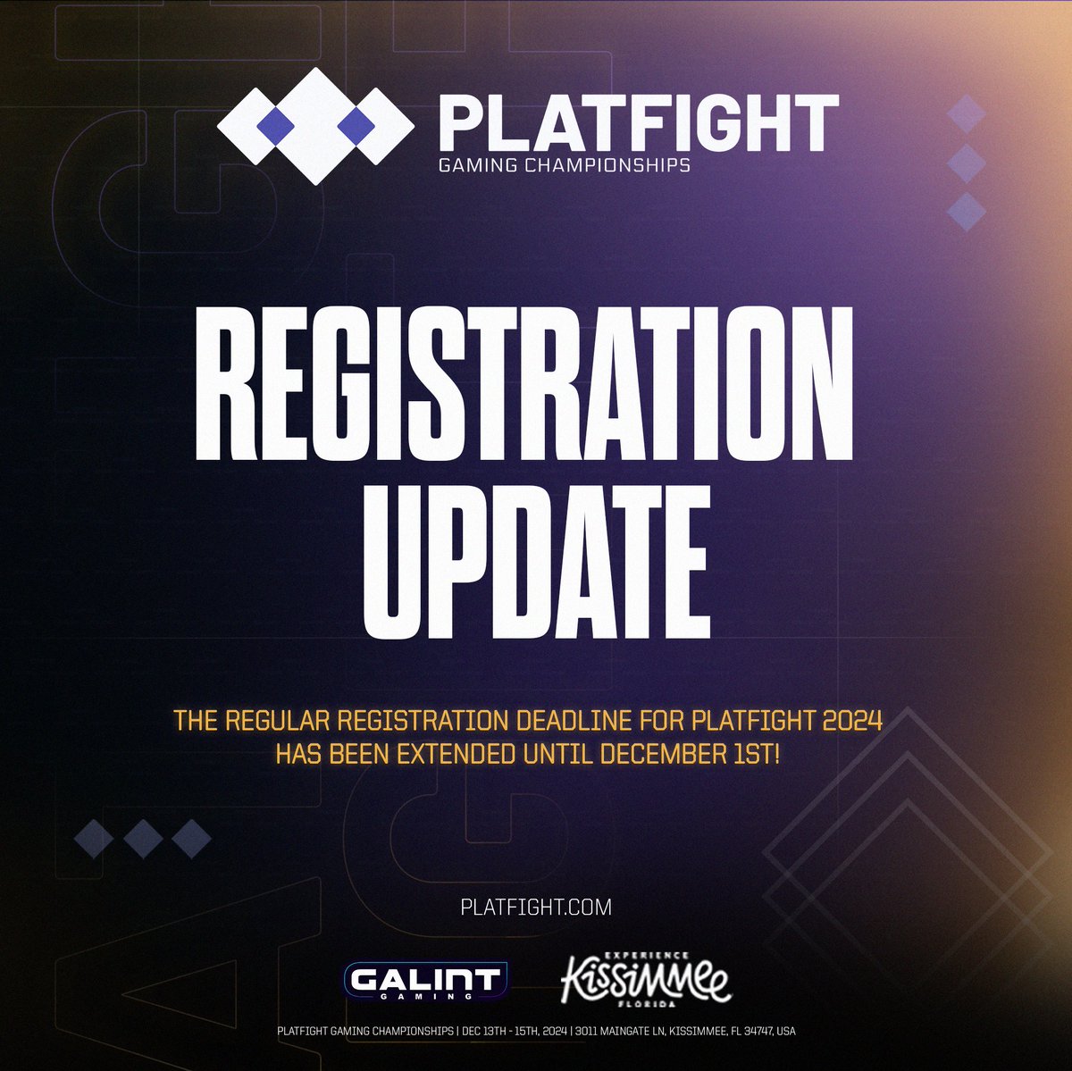 platfight's tweet photo. REGISTRATION UPDATE

If you haven't signed up for #Platfight2024 yet, you're in luck.

The deadline for Regular Registration has been extended until Sunday, December 1st at 11:59 PM EST! https://t.co/bSwHMrBKc9