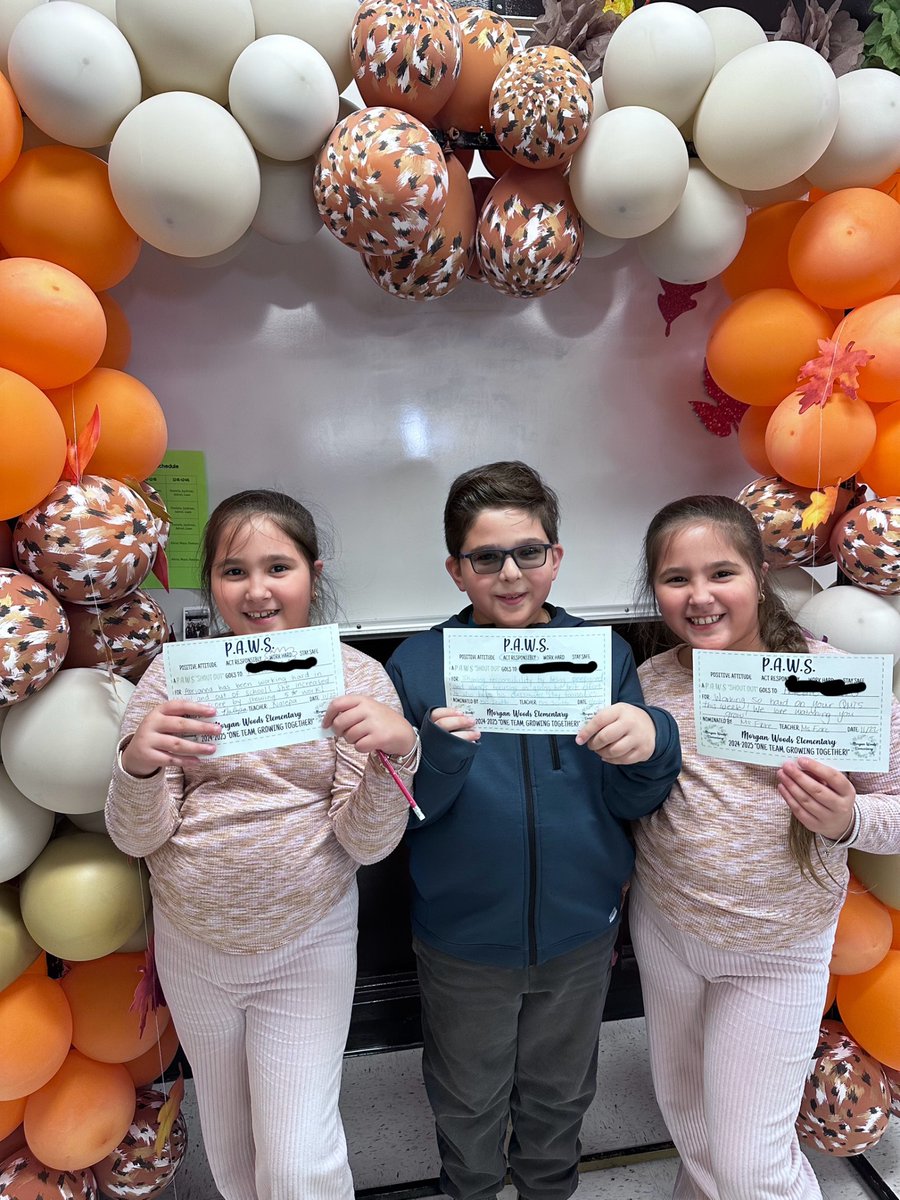 The PAWS award is given weekly to a student from each class who has a Positive attitude, Acts responsibly, Works hard and Stays safe. These triplets were shocked to find out… they all received the PAWS award for their class! ♥️♥️♥️ <a href="/MorganWoodsES/">Morgan Woods Elementary</a>
