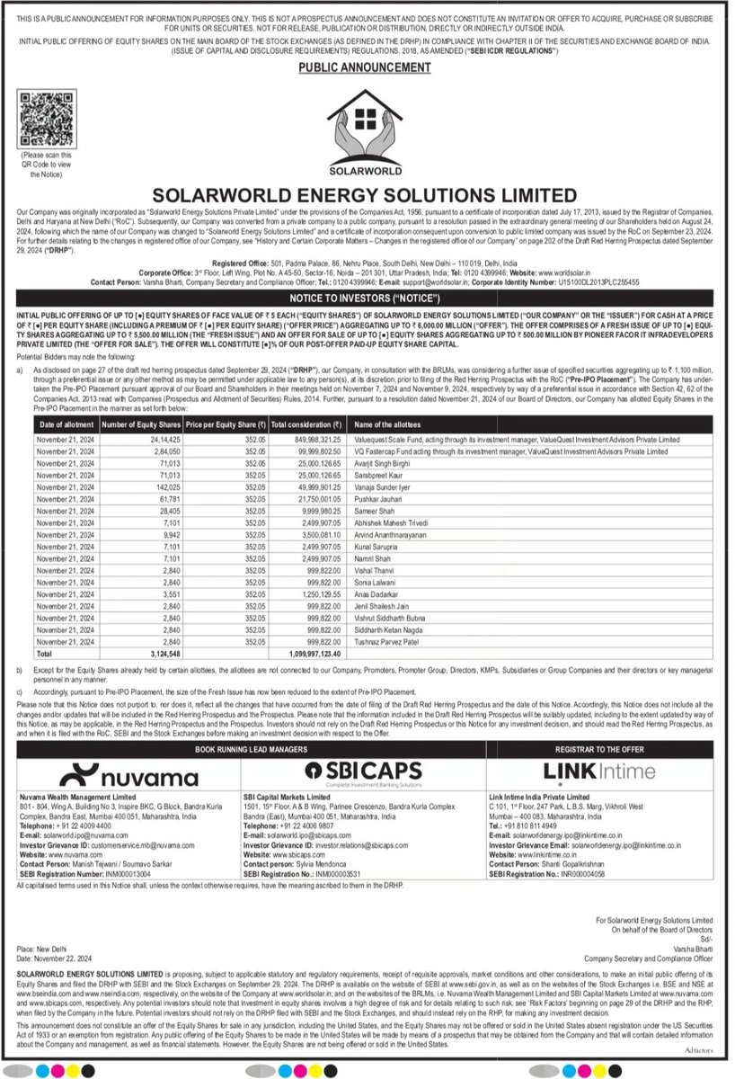Ashishkafunda's tweet image. #SolarWorld Energy Solutions Limited, a leading player in the solar energy sector, has successfully raised approximately ₹110 crore through a Pre-IPO placement. The company allocated 3,124,548 equity shares to specific investors at a price of ₹352 per share, generating a total