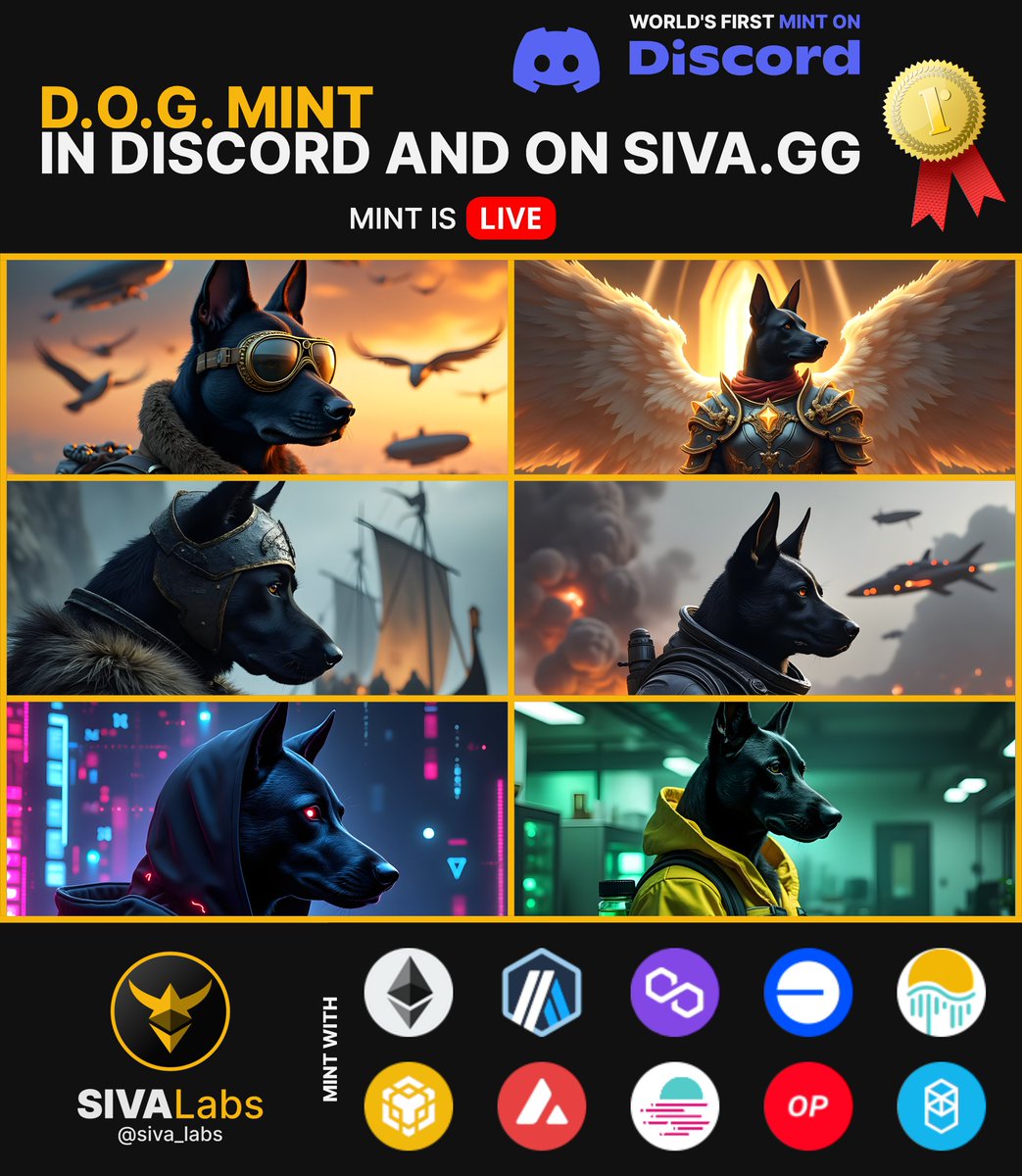 🚨 The wait is finally over!

The D.O.G. NFT Mint is LIVE! 🐕🔥
Be part of history with the world's first NFT collection minted directly in <a href="/discord/">Discord</a> - no wallet needed!

💎 Cross-chain support, epic art, and unmatched community.

👉 Prefer web? Head to siva.gg! 🚀