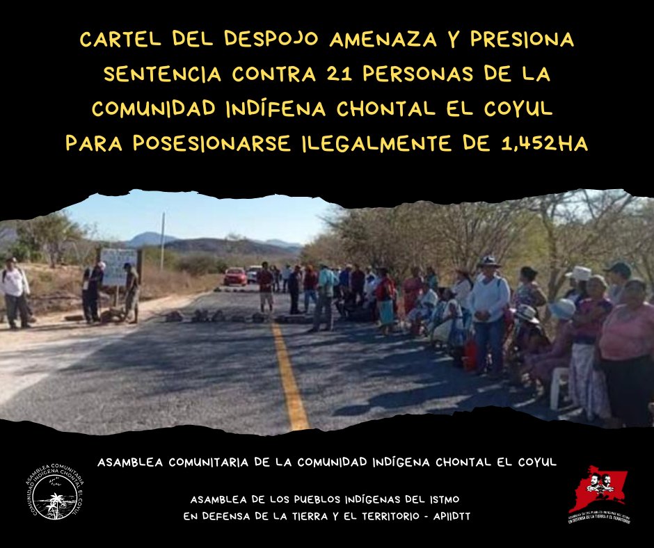¡ALERTA! 🛑 El despojo continúa en El Coyul, Oaxaca 🚨  

Comunicado de la Asamblea Comunitaria de la Comunidad Indígena Chontal El Coyul

Facebook:
facebook.com/share/p/15CV7L…

Instagram:
instagram.com/p/DCsBJtyvrsE/…

WordPress:
tierrayterritorio.wordpress.com/2024/11/22/com…