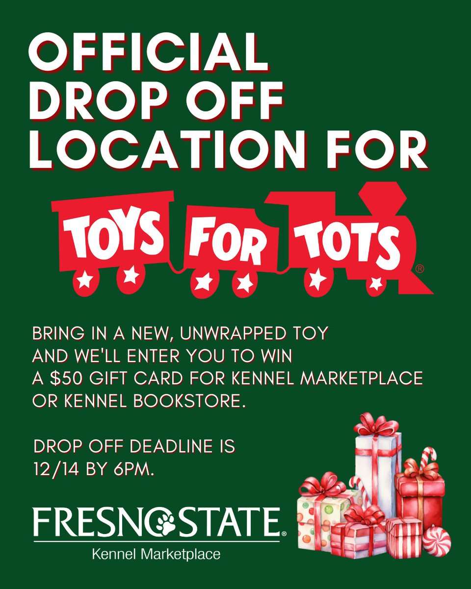 We are an official drop off location for Toys for Tots! Deadline for drop off is 6pm on Sunday, December 14th.