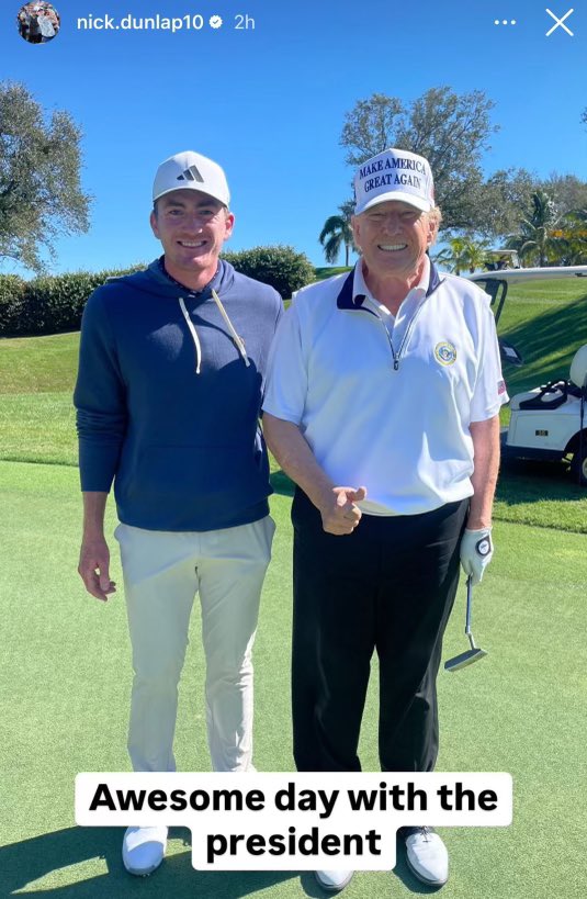🚨🇺🇸⛳️ #LOOK — PGA TOUR golfers Sam Burns &amp; Nick Dunlap take to social media to share that they played a round with President-elect Donald Trump today in Florida.