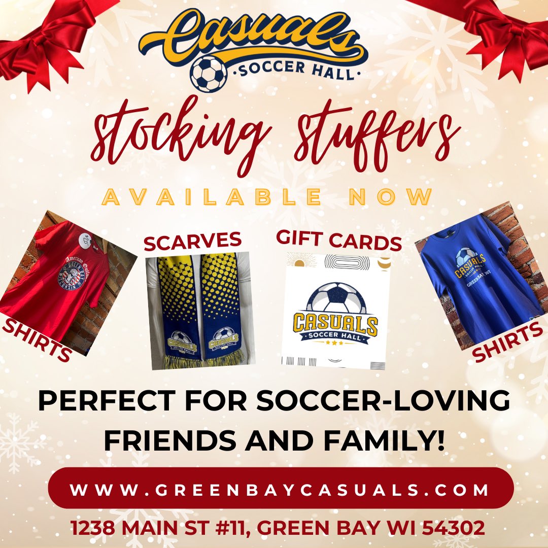 Thinking of gifts for the ⚽️ soccer/futbol/footy fan in your life? Look no further!  🍺Casuals🍺 has shirts, commemorative scarves, and GIFT CARDS now available! Drop by!! 

Gift cards also available now online at greenbaycasuals.com 🎁