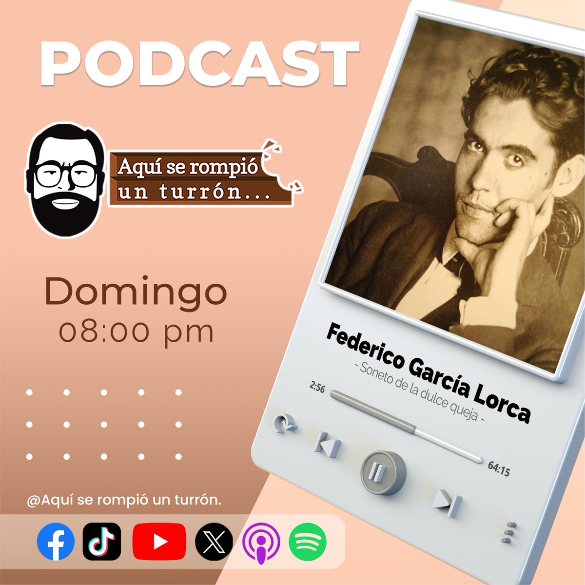 PodcastTurron's tweet photo. Domingo nuevo episodio, Federico García Lorca, Soneto de la dulce queja.
Gratis en:
Spotify:
https://t.co/HFu18tPMjb
Apple Podcast:
https://t.co/9SbpsZPzy8
YouTube:
https://t.co/5sd8SKEoIl
TikTok:
https://t.co/lkpiXgGzB9...
X:
https://t.co/E1mdNpH1PY
@PodcastTurrón https://t.co/Q1R2RHzGMH