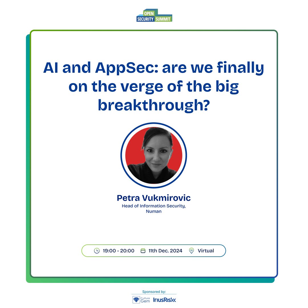 opensecsummit's tweet photo. 🔥 AI and AppSec: The Big Breakthrough?
Join @PetraVuk1311 at #OSS2024 as we explore how AI could revolutionize threat modelling &amp; security reviews!

📅 Dec 11, 2024
🕖 19:00

🔗 Save your FREE spot: https://t.co/L5EnfoRmtN

#CyberSecurity #AI #AppSec #ThreatModelling #InfoSec https://t.co/gk4OJH576n
