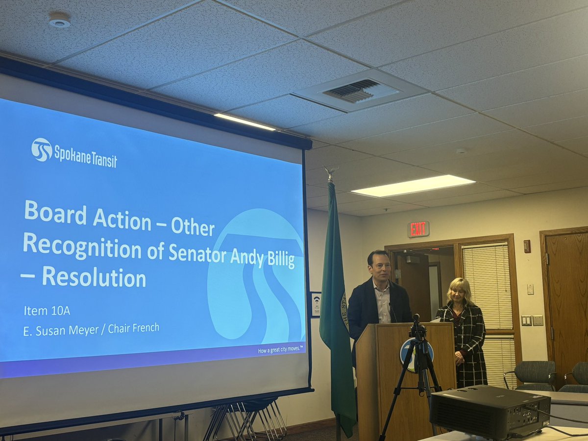 citycouncilpaul's tweet photo. At our @spokanetransit board meeting we passed a resolution to recognize Senator @andybillig ! Thank you for all your work on the City Line, Division Bus Rapid Transit and youth ride free. 

Spokane is a better transit city because of you! https://t.co/UBRyoAD9m3