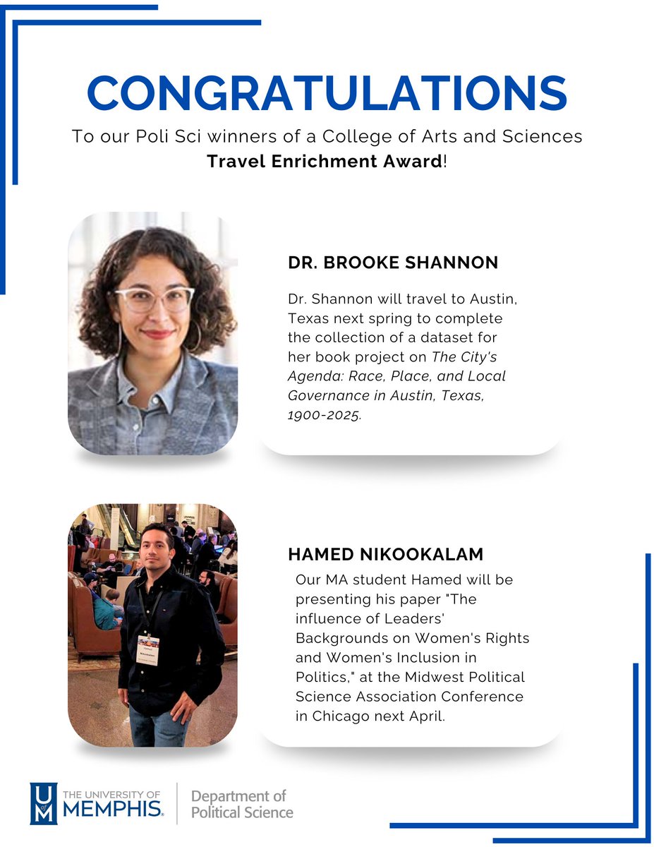 Congratulations to two recipients of College or Arts and Sciences Travel Enrichment Grants: Dr. Brooke Shannon and Hamed Nikookalam!