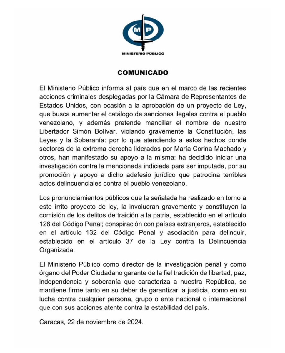 madeleintlSUR's tweet photo. María Corina Machado es imputada. 

#ATENCIÓN #PorSiNoLoViste| 

Ministerio Público imputó a María Corina Machado por apoyar la ley Bolívar para agredir a su propio país con más sanciones ilegales. https://t.co/RQ0uoc7BM5