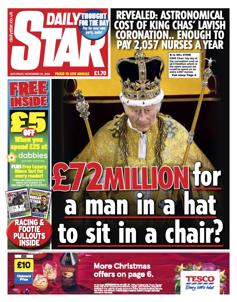 dailystar's tweet photo. Saturday's front page: £72million for a man in a hat to sit in a chair?
#TomorrowsPapersToday
https://t.co/mdxPa2wtwM https://t.co/lrI9bPnVsG