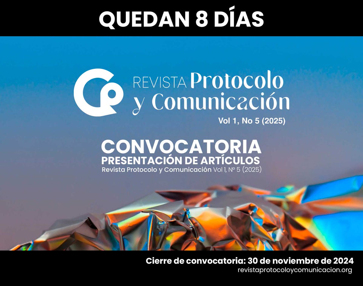 📣Estamos a pocos días de cerrar la convocatoria.
revistaprotocoloycomunicacion.org/index.php/rpyc…

#Apcer #revista #protocolo #comunicación #investigadores #académico #relacionespúblicas #ceremonias #revistacientífica #inteligenciaartificial #ia
