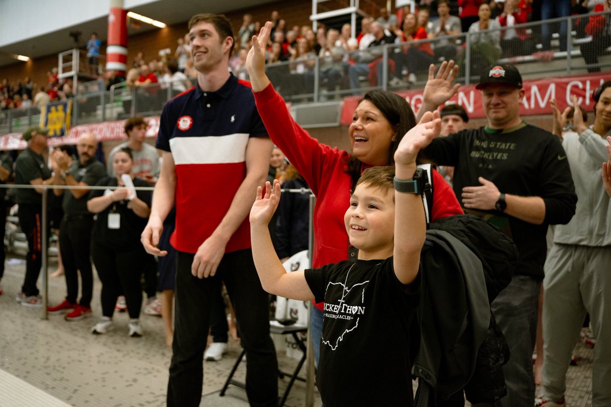 OhioStSwimDive's tweet photo. We were so glad to welcome @BuckeyeThon champion Aiden Fulton and his family to McCorkle Aquatic Pavilion tonight! Aiden was diagnosed with Acute Lymphoblastic Leukemia and underwent treatment for 1,174 days. He is currently in remission and on his way to being cancer-free! https://t.co/4QnPVnynrb