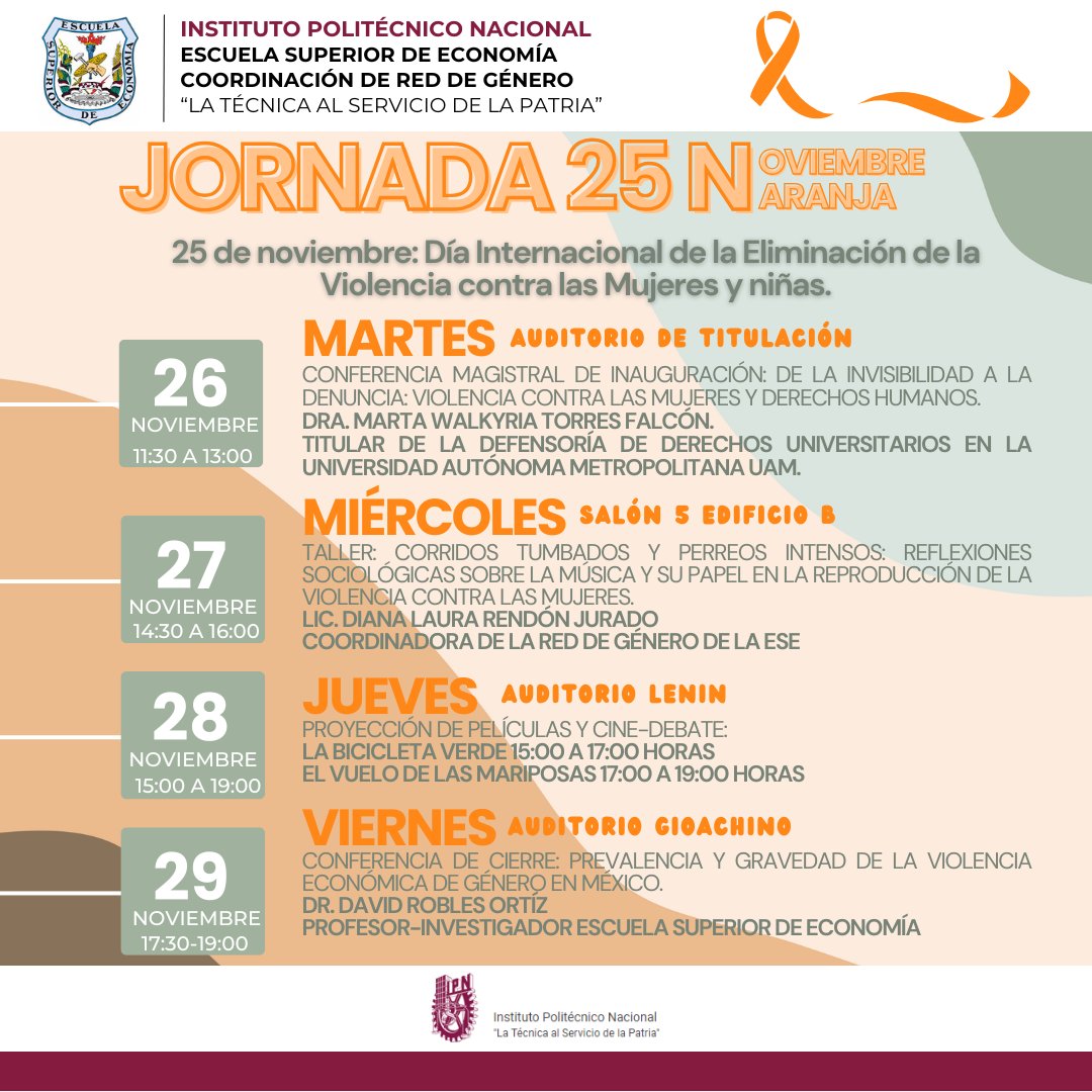 RedGeneroESEipn's tweet photo. Aquí les dejamos el itinerario completo de actividades de la Jornada 25 N noviembre-naranja, que se realiza en conmemoración del Día Internacional de la Eliminación de la Violencia contra las Mujeres. https://t.co/1xllD8fd4z