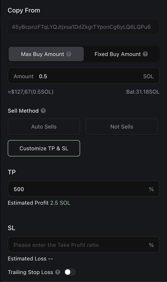 J'ai lancé le copytrade y'a 9h avant d'aller dormir sur le W1, tout en automatique pendant la nuit et me voila déjà à +2K5 au réveil

Mes réglages : 

Vous devez vous connectez avec telegram directement pour avoir accès au copytrade 

gmgn.ai/?ref=gIrMeL6h&…
