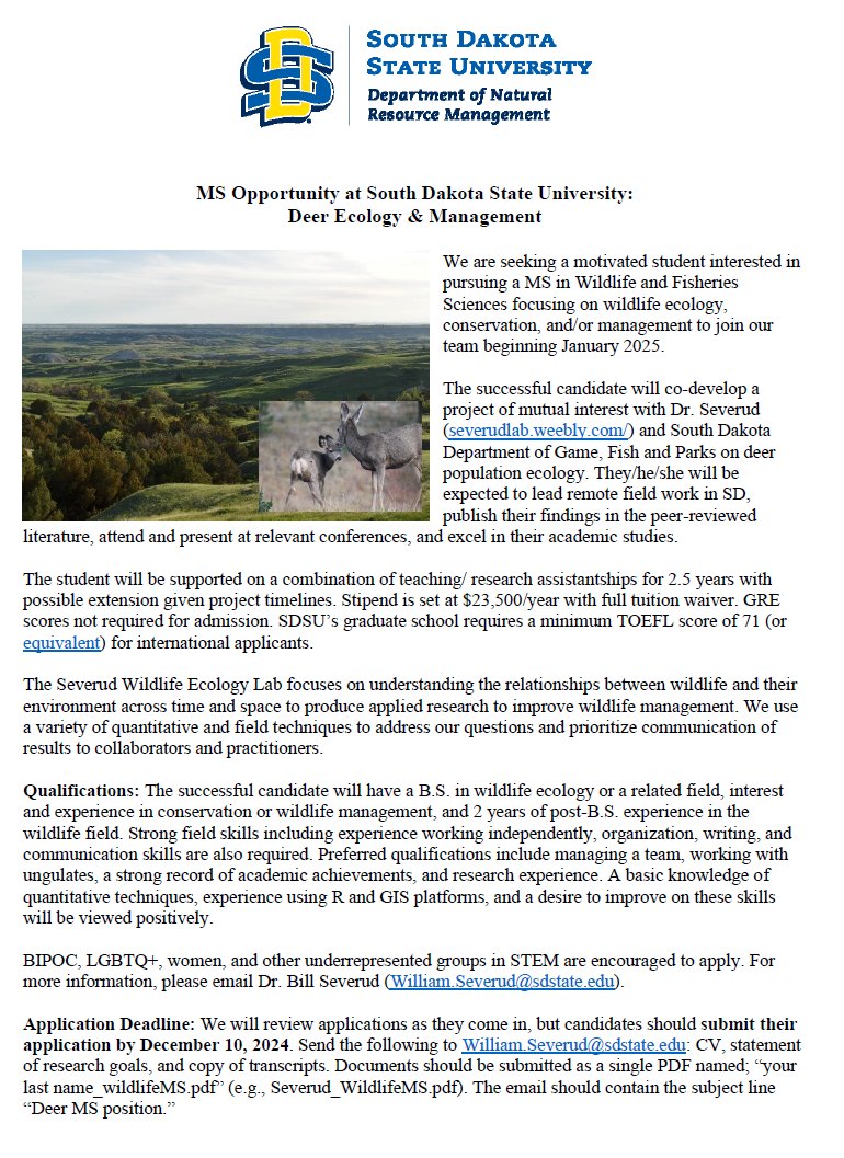 Please share widely! 🦌🦌🦌
Apply to come join us at <a href="/SDStateNRM/">SDStateNRM</a>!