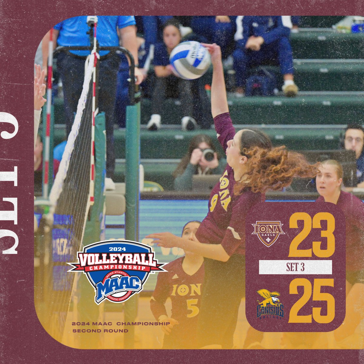 End of Set 3: Canisius 25, Iona 23

Bas leads all players on court with 17 digs, with eight coming in the third. 

📺: ESPN +
#GaelNation #MAACVB