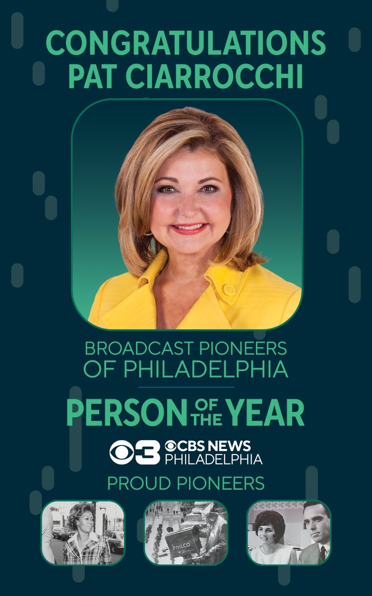 CBS Philadelphia (@cbsphiladelphia) on Twitter photo This year’s <a href="/BPPhilly/">Broadcast Pioneers</a> Person of the Year is a permanent part of our CBS Philadelphia family: Pat Ciarrocchi! 💚
Before this, Pat was the 1st woman TV news anchor named to the <a href="/PABroadcasters/">Pennsylvania Association of Broadcasters</a> Hall of Fame – not surprising as she was part of a station of firsts!
Congrats Pat! This year’s <a href="/BPPhilly/">Broadcast Pioneers</a> Person of the Year is a permanent part of our CBS Philadelphia family: Pat Ciarrocchi! 💚
Before this, Pat was the 1st woman TV news anchor named to the <a href="/PABroadcasters/">Pennsylvania Association of Broadcasters</a> Hall of Fame – not surprising as she was part of a station of firsts!
Congrats Pat!